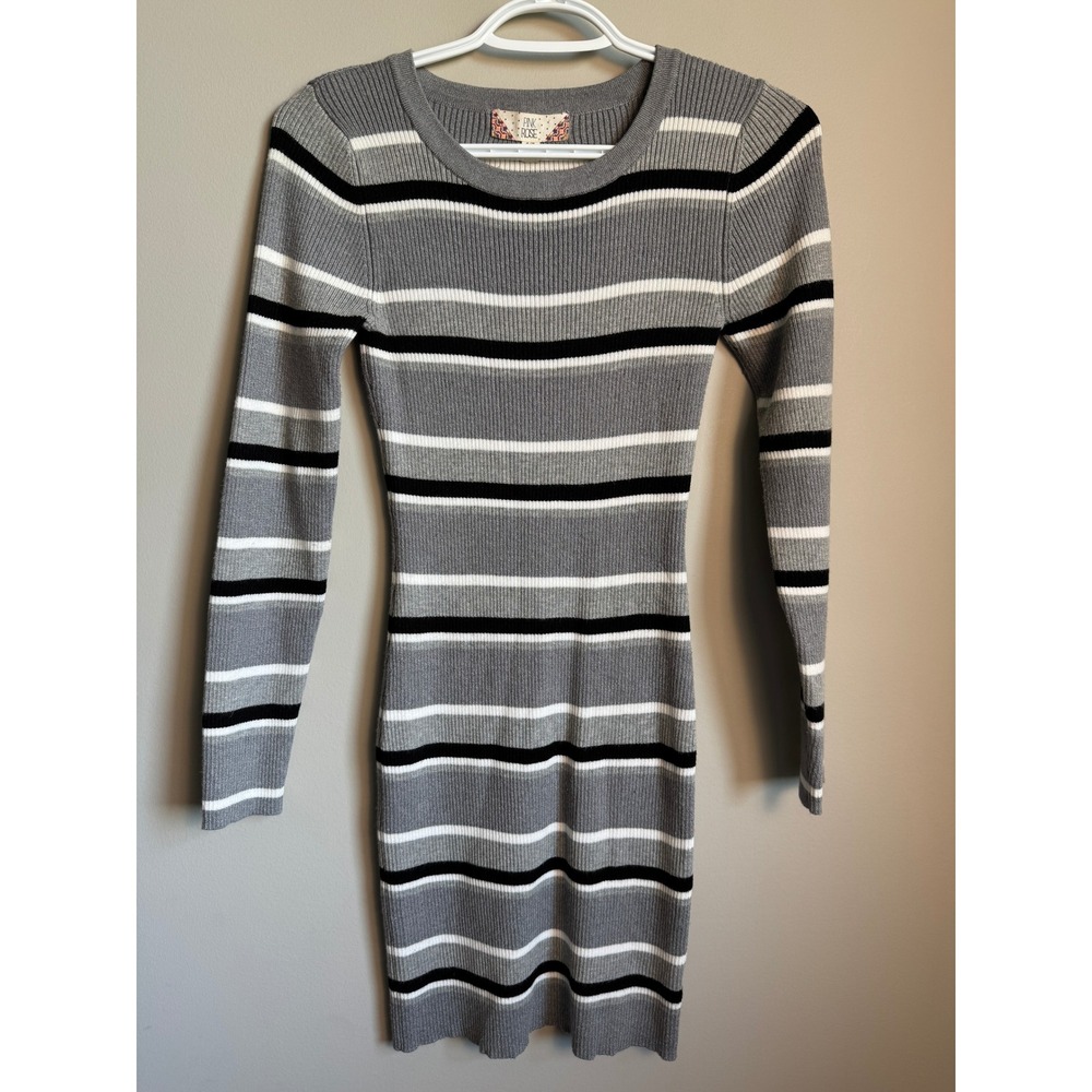 Pink Rose Striped Ribbed Knit Long Sleeve Bodycon Mini Dress S Casual Preppy